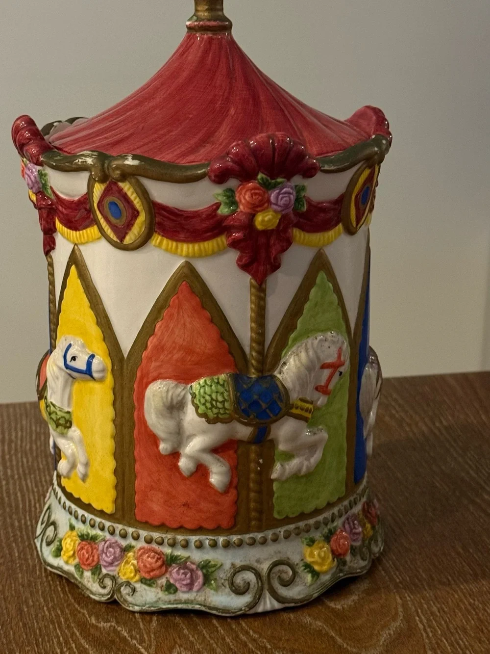 Vintage 1980s Carousel Cookie Jar Ceramic Circus Canister Colorful Kitchen Decor